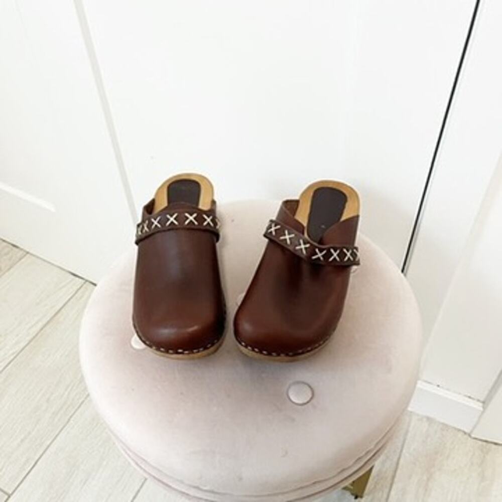 Women's Brown Leather Clog Mules with Cross-Stitch Strap